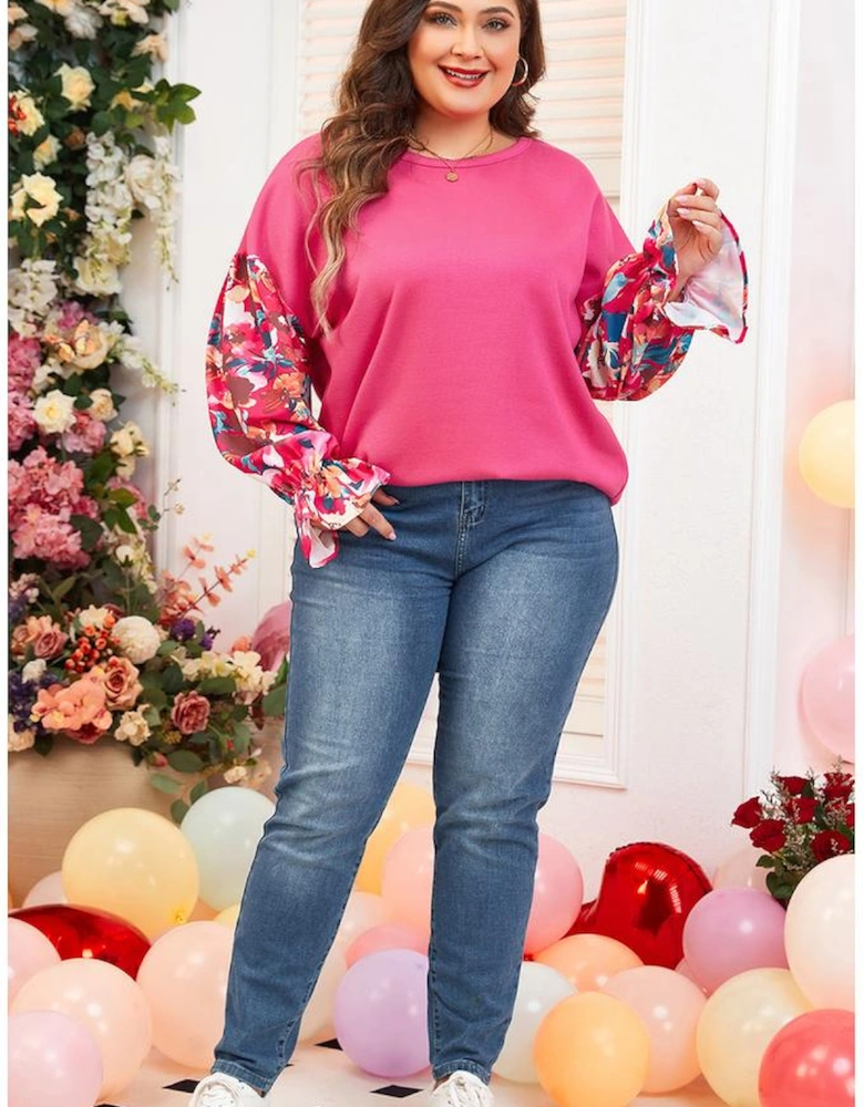 Bright Pink Floral Patchwork Flounce Sleeve Rib Knit Plus Top