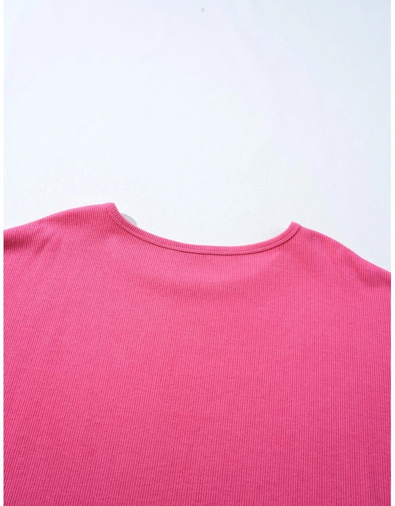 Bright Pink Floral Patchwork Flounce Sleeve Rib Knit Plus Top