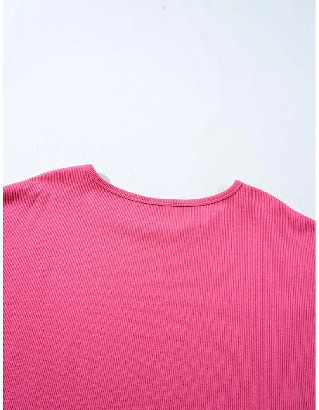 Bright Pink Floral Patchwork Flounce Sleeve Rib Knit Plus Top