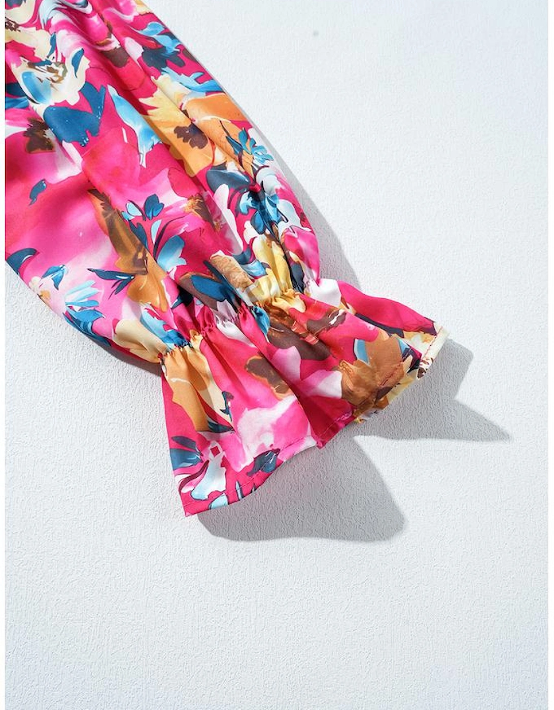 Bright Pink Floral Patchwork Flounce Sleeve Rib Knit Plus Top