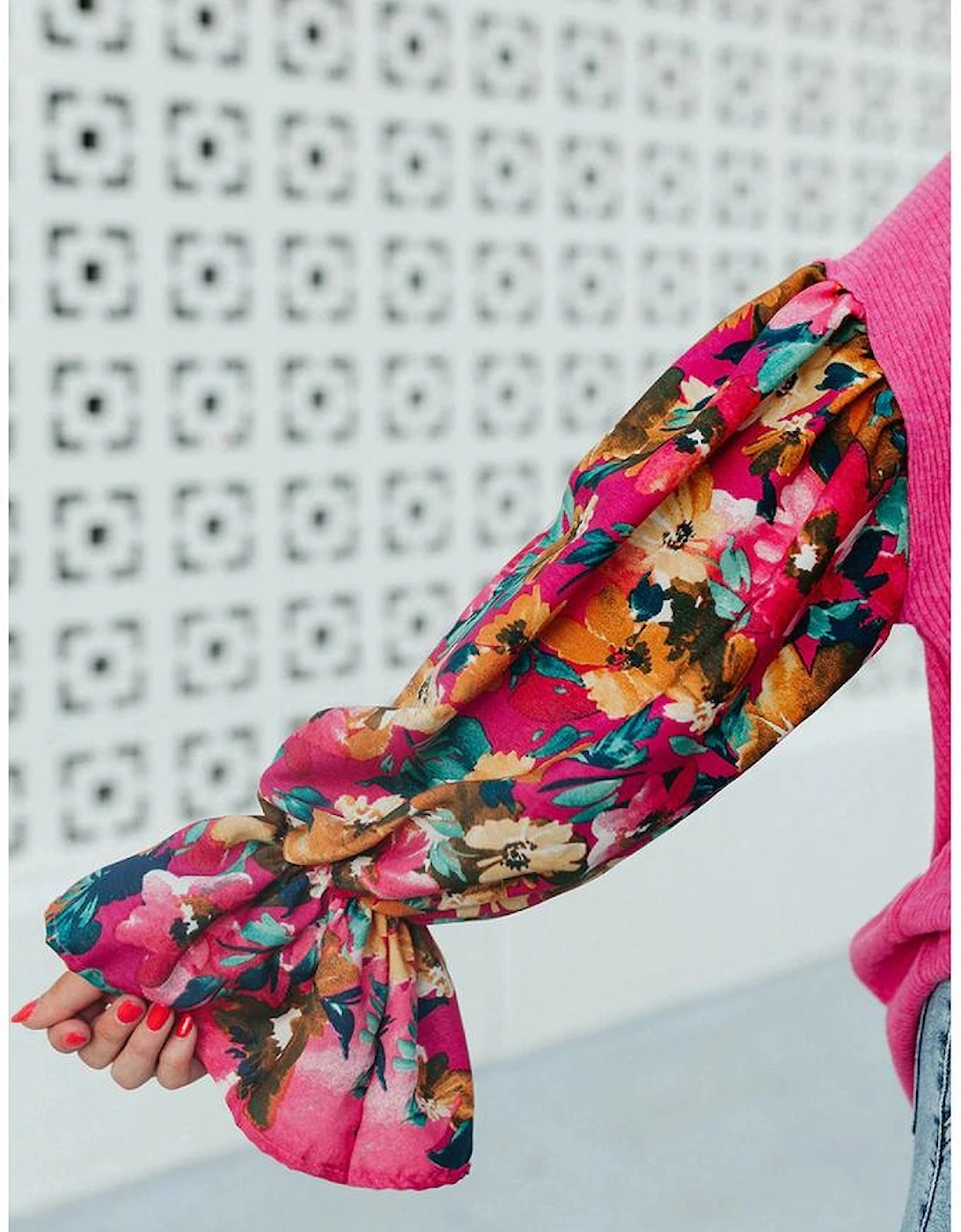 Bright Pink Floral Patchwork Flounce Sleeve Rib Knit Plus Top