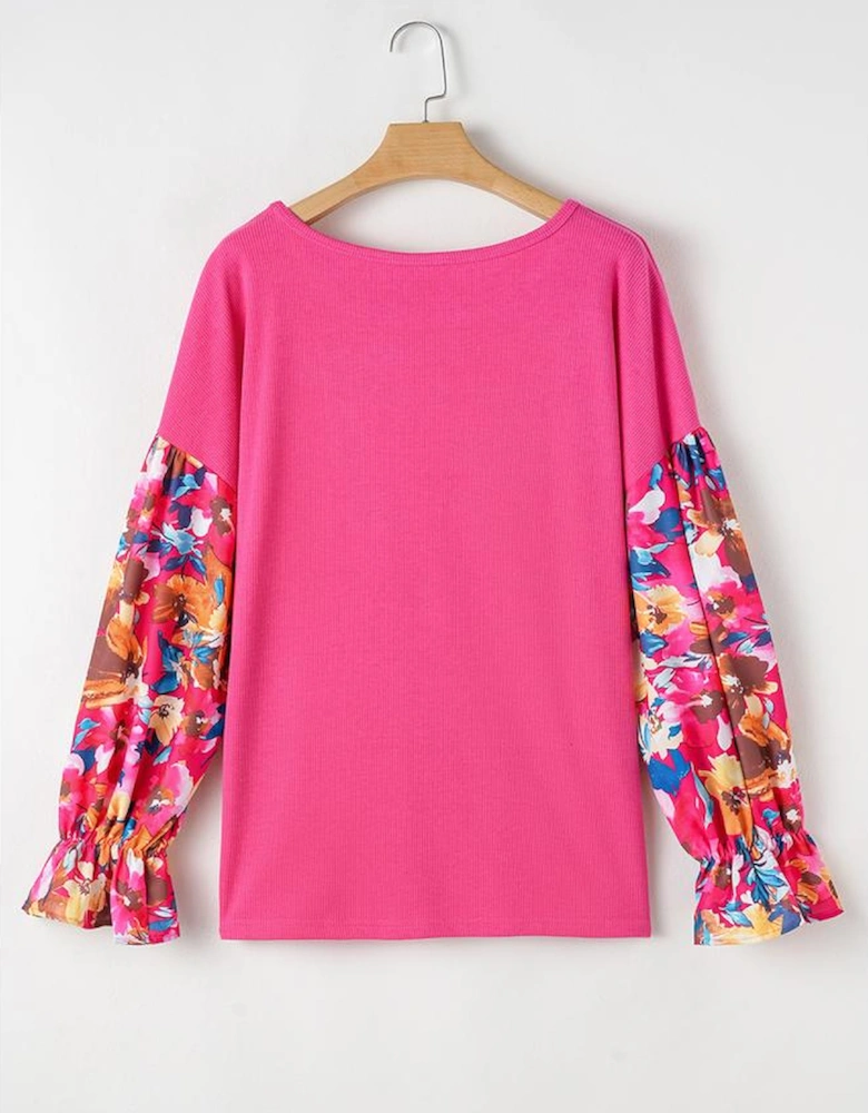 Bright Pink Floral Patchwork Flounce Sleeve Rib Knit Plus Top