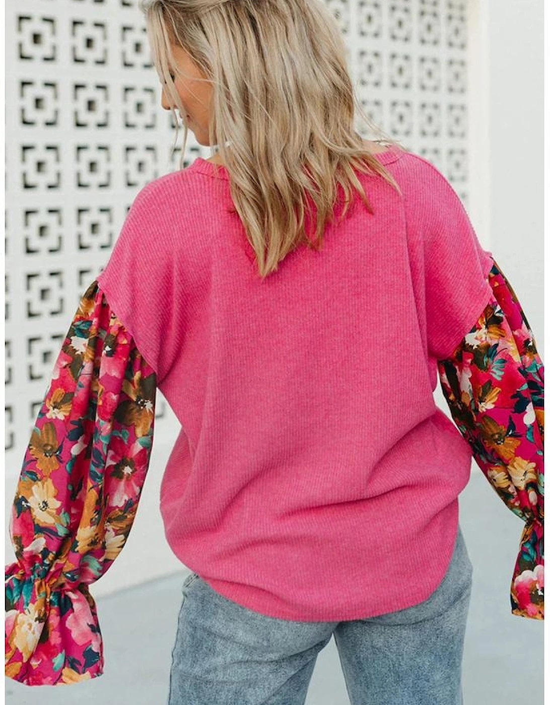 Bright Pink Floral Patchwork Flounce Sleeve Rib Knit Plus Top