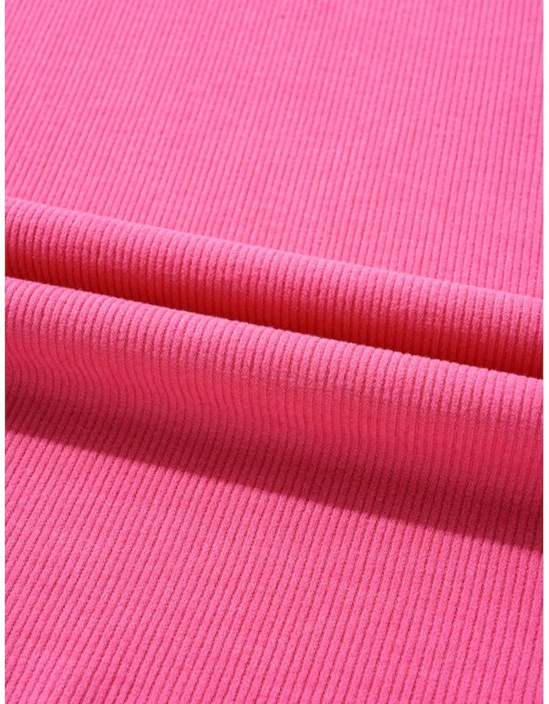 Bright Pink Floral Patchwork Flounce Sleeve Rib Knit Plus Top