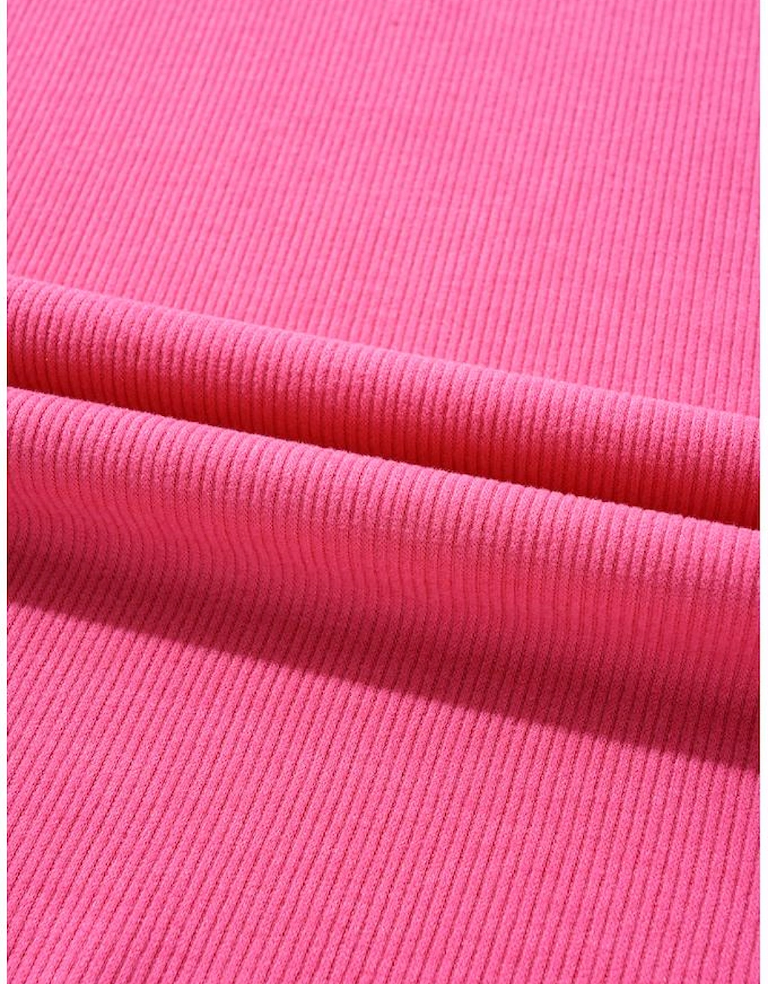 Bright Pink Floral Patchwork Flounce Sleeve Rib Knit Plus Top