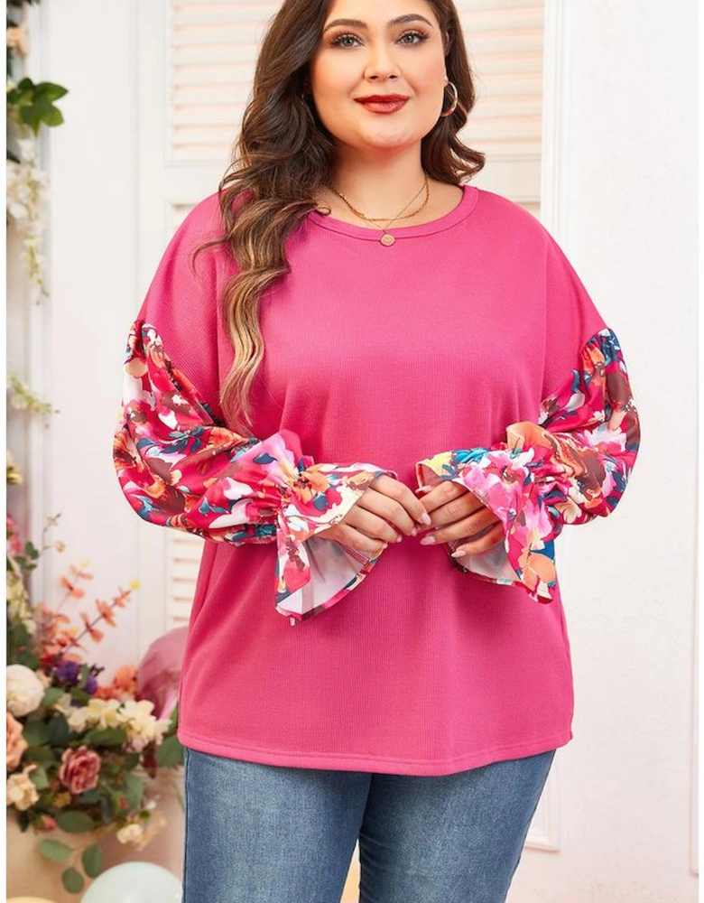 Bright Pink Floral Patchwork Flounce Sleeve Rib Knit Plus Top