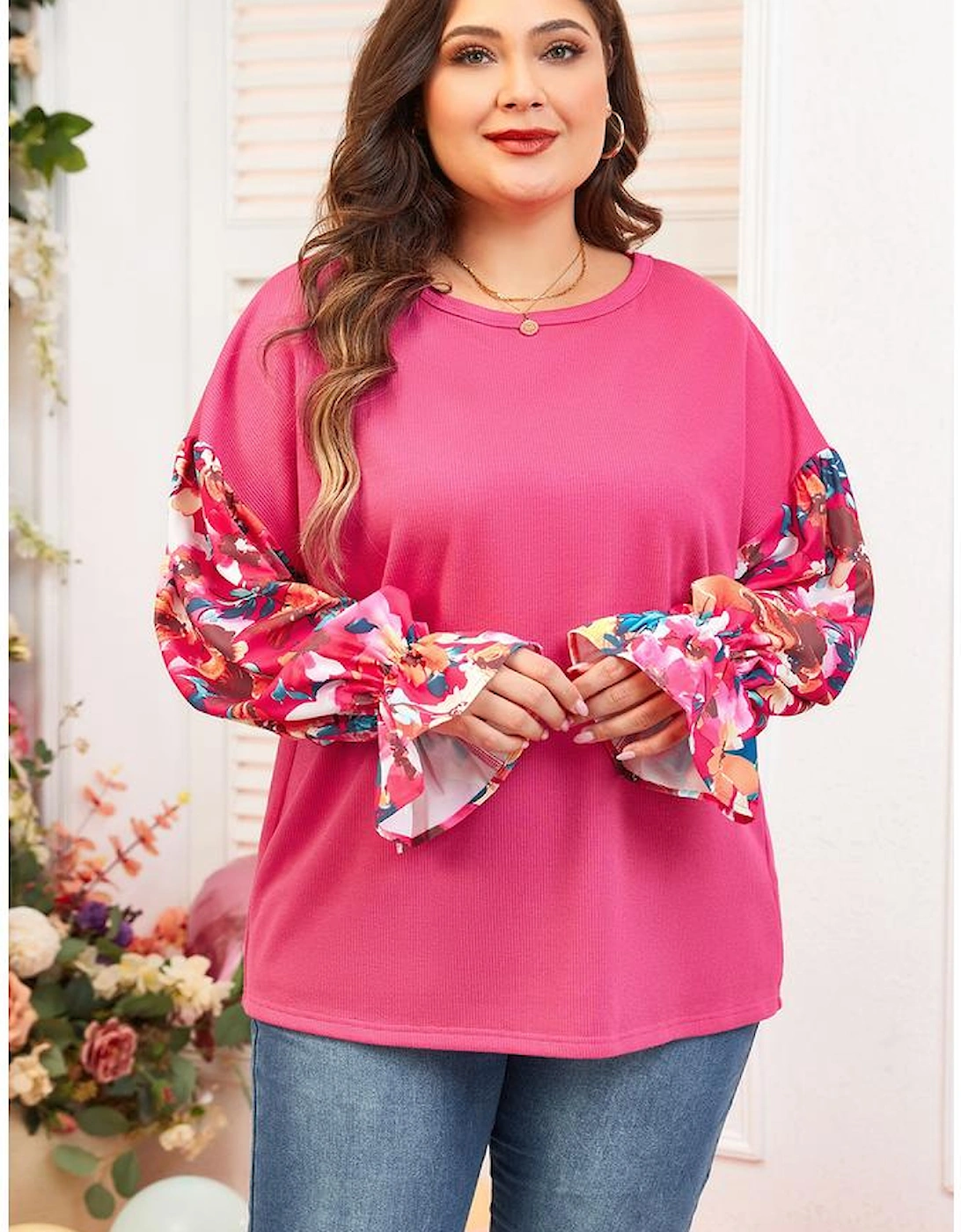 Bright Pink Floral Patchwork Flounce Sleeve Rib Knit Plus Top