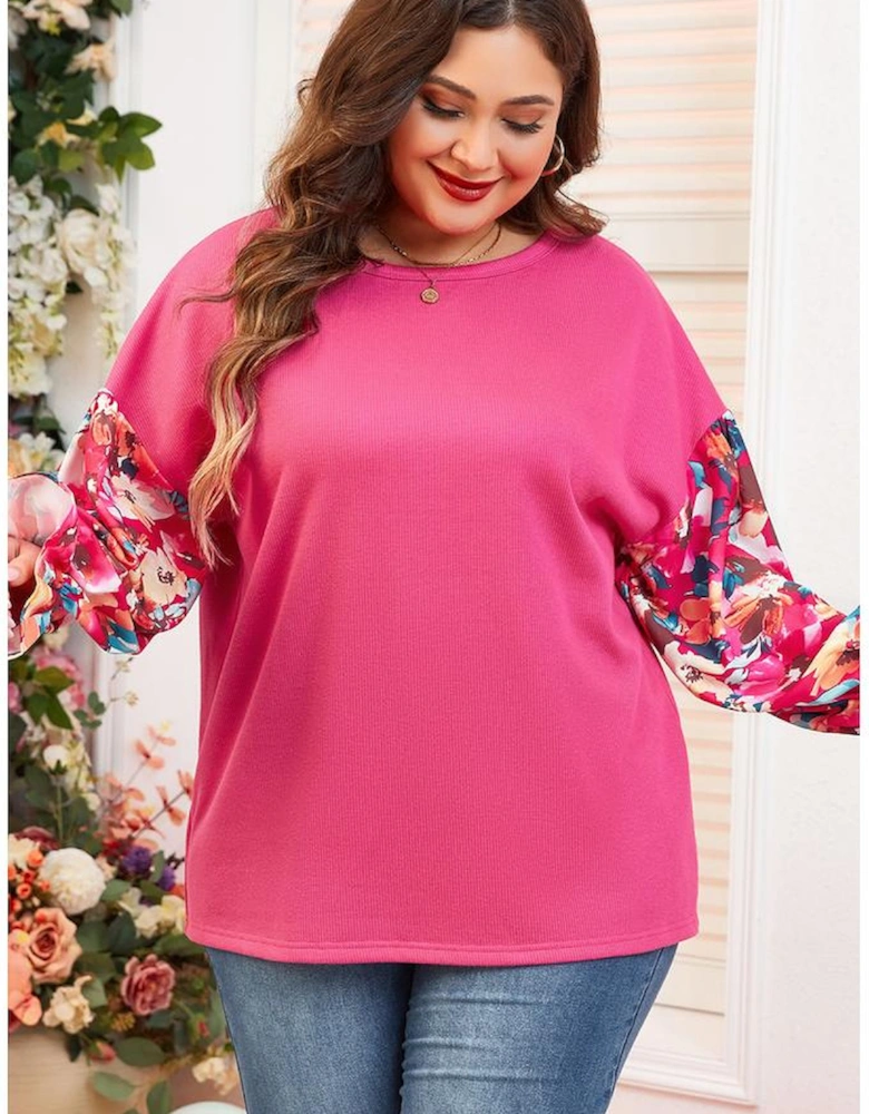 Bright Pink Floral Patchwork Flounce Sleeve Rib Knit Plus Top
