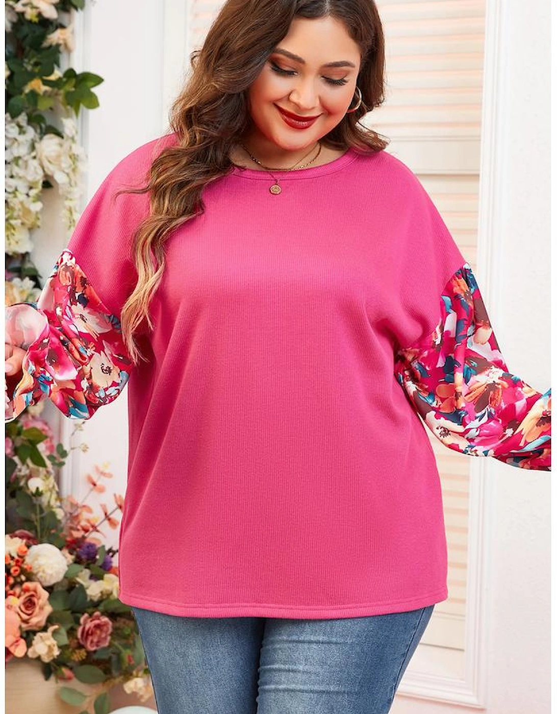 Bright Pink Floral Patchwork Flounce Sleeve Rib Knit Plus Top