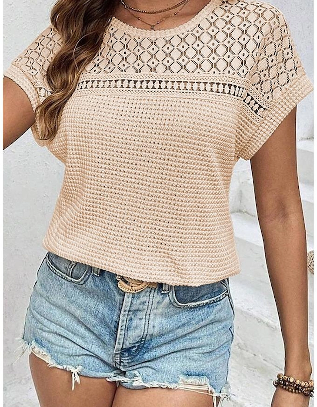 Oatmeal Lace Patchwork Waffle Short Sleeve Top