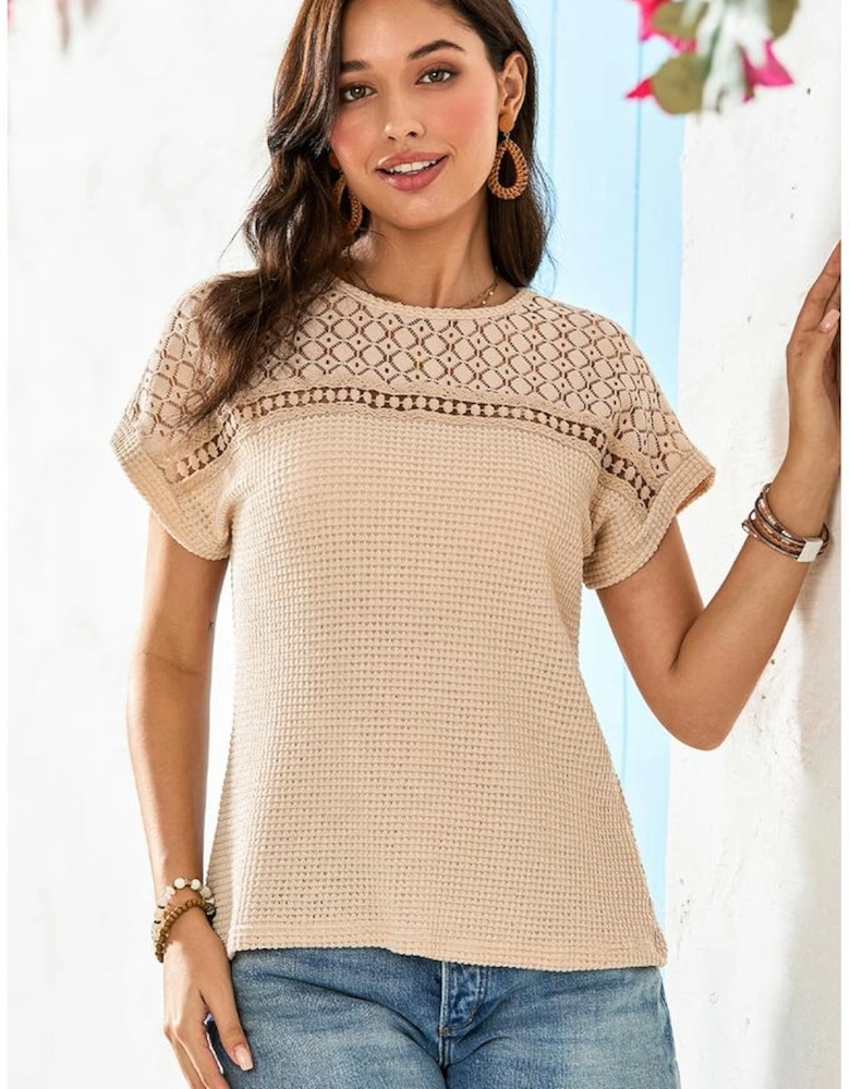 Oatmeal Lace Patchwork Waffle Short Sleeve Top