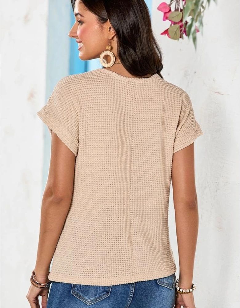 Oatmeal Lace Patchwork Waffle Short Sleeve Top