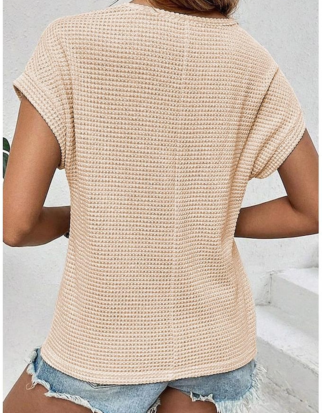 Oatmeal Lace Patchwork Waffle Short Sleeve Top, 16 of 15