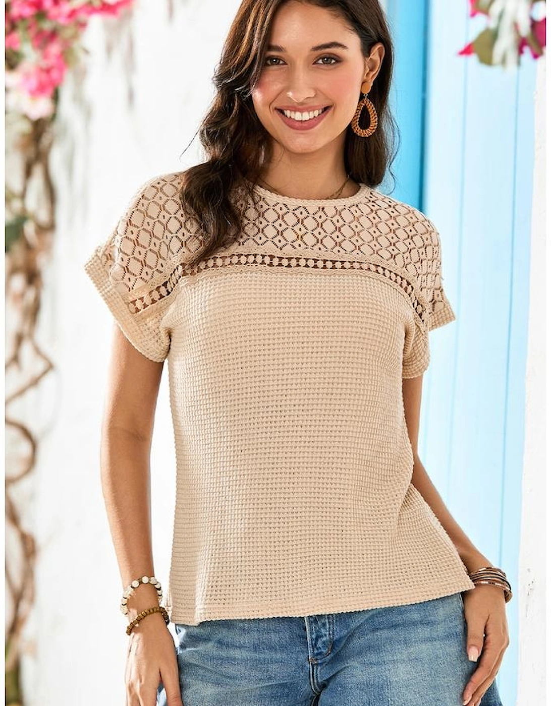 Oatmeal Lace Patchwork Waffle Short Sleeve Top