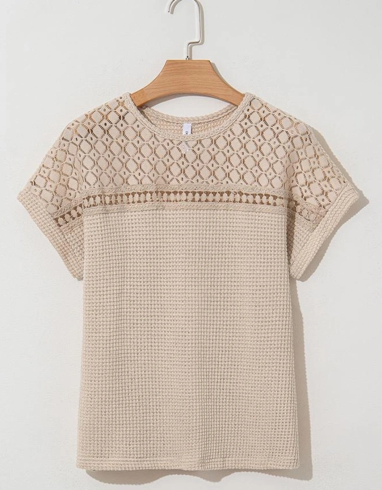 Oatmeal Lace Patchwork Waffle Short Sleeve Top