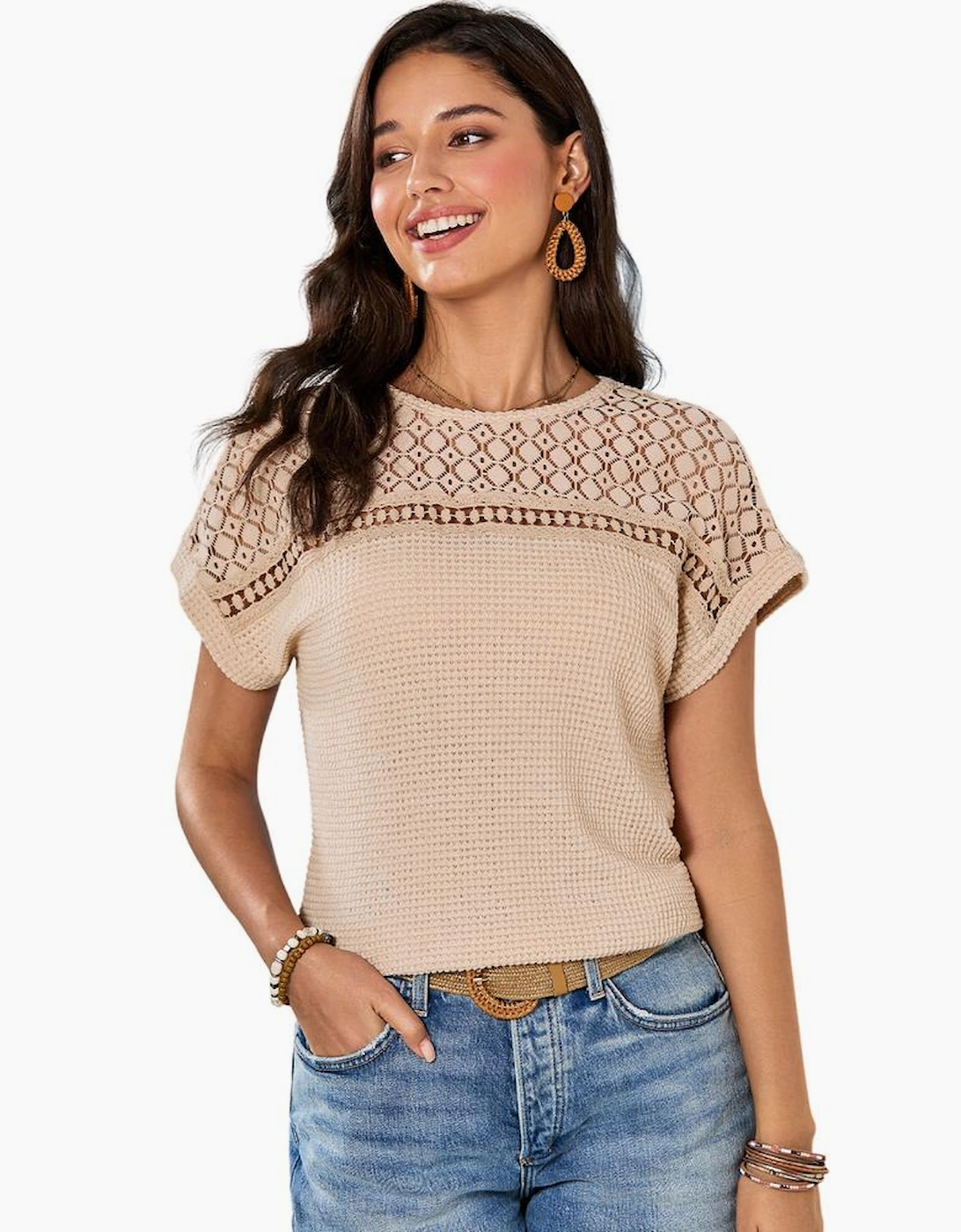 Oatmeal Lace Patchwork Waffle Short Sleeve Top
