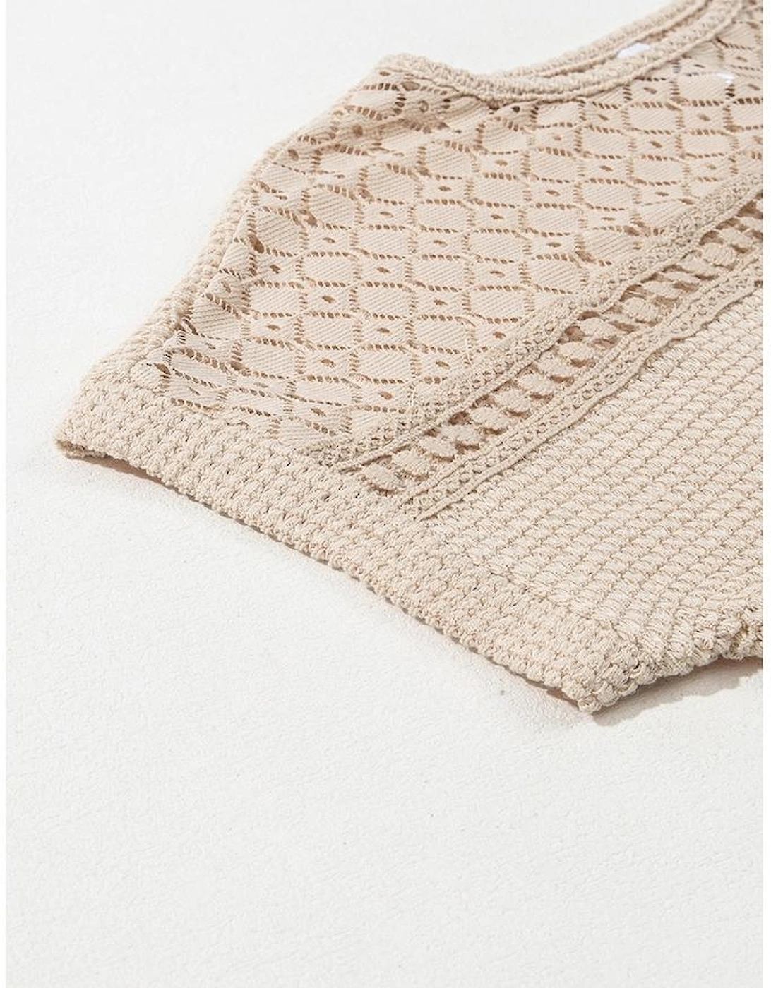 Oatmeal Lace Patchwork Waffle Short Sleeve Top