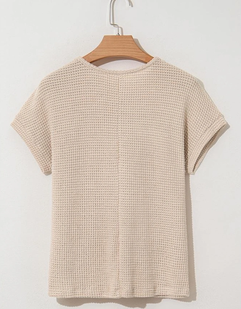 Oatmeal Lace Patchwork Waffle Short Sleeve Top