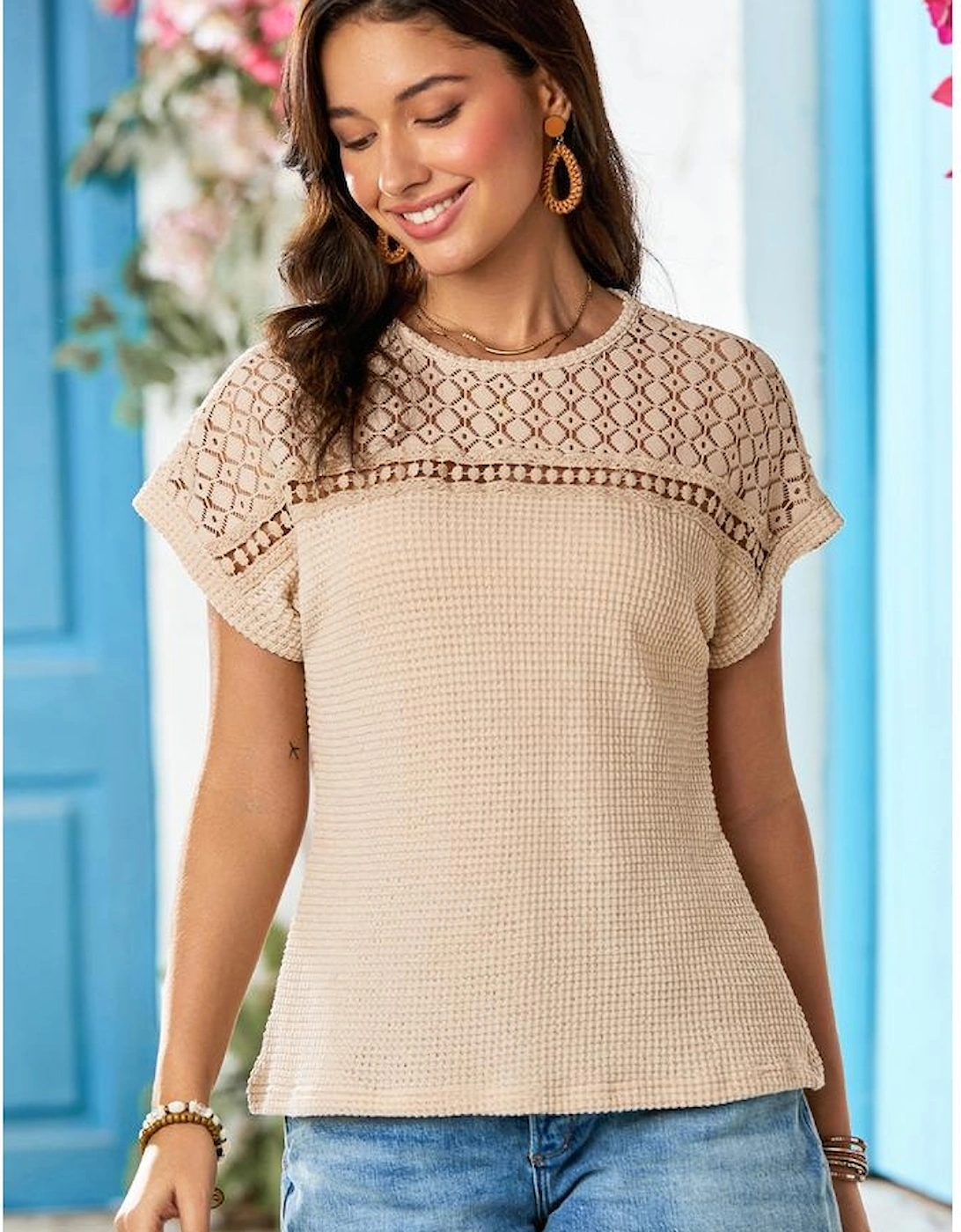 Oatmeal Lace Patchwork Waffle Short Sleeve Top