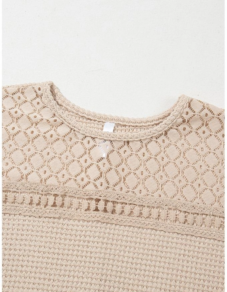 Oatmeal Lace Patchwork Waffle Short Sleeve Top