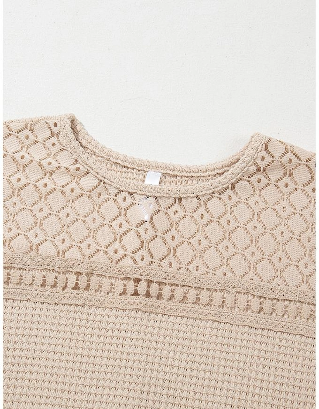 Oatmeal Lace Patchwork Waffle Short Sleeve Top