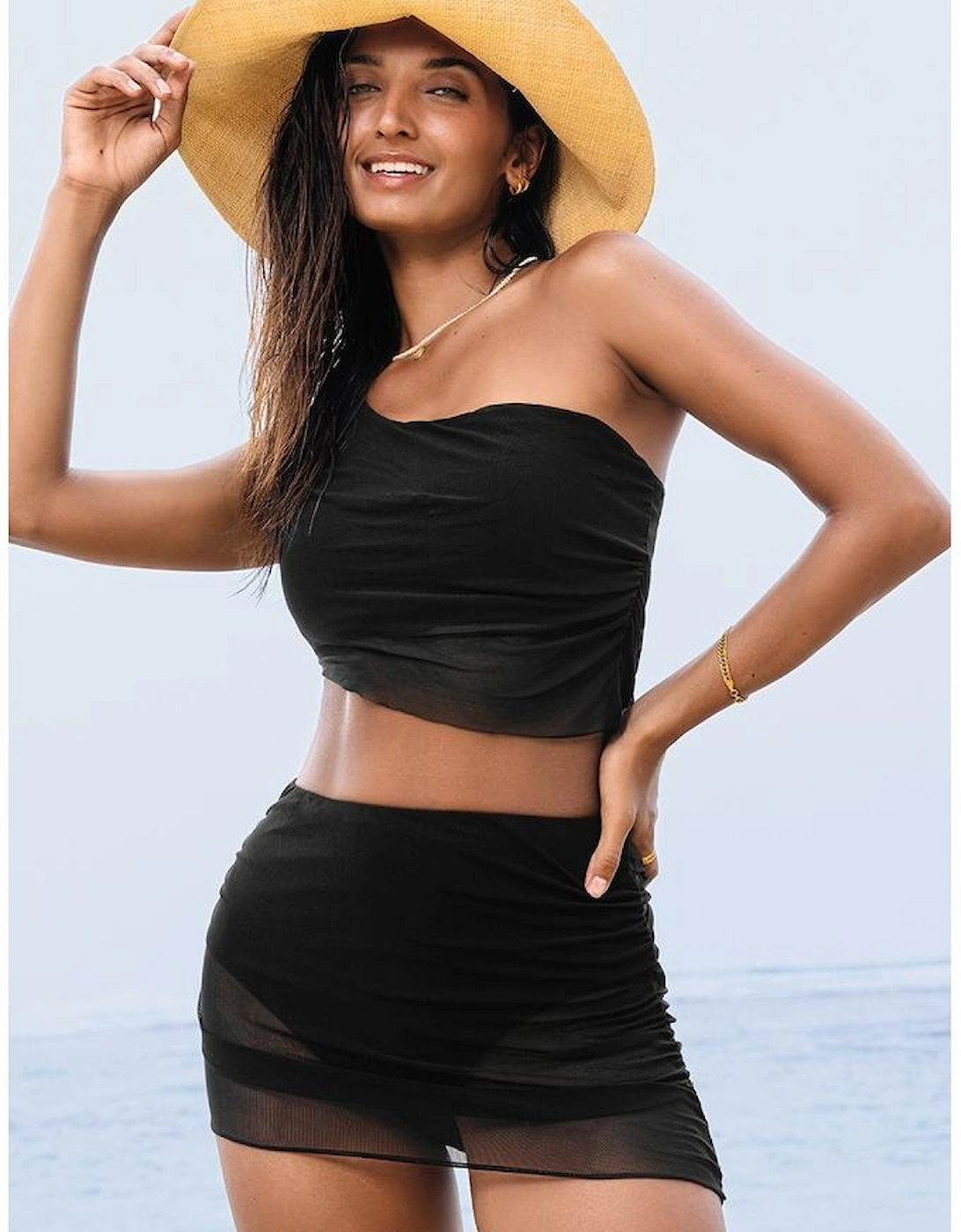 Black Pleated Mesh One Shoulder Bikini Top and Skirts Set