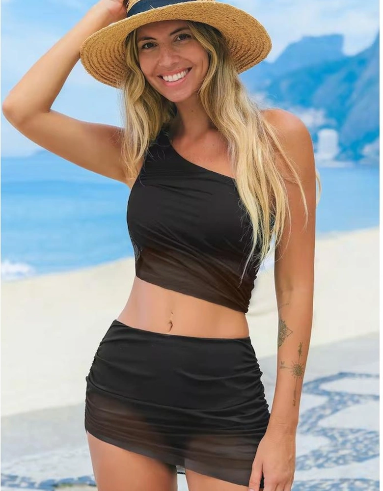Black Pleated Mesh One Shoulder Bikini Top and Skirts Set
