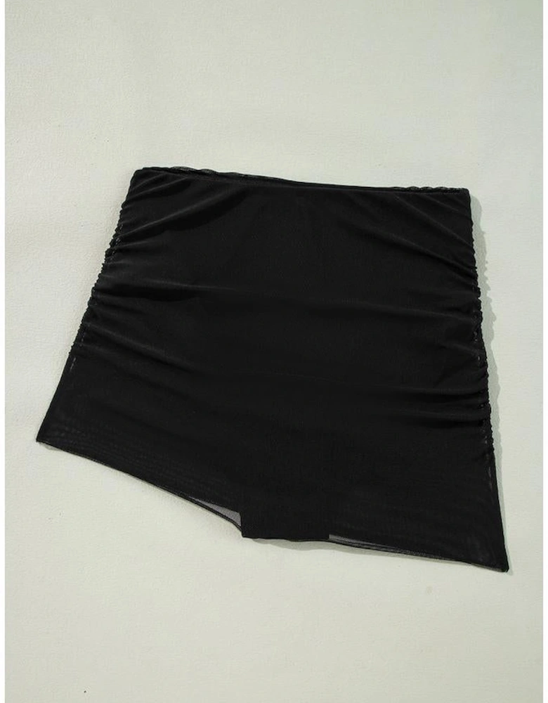 Black Pleated Mesh One Shoulder Bikini Top and Skirts Set