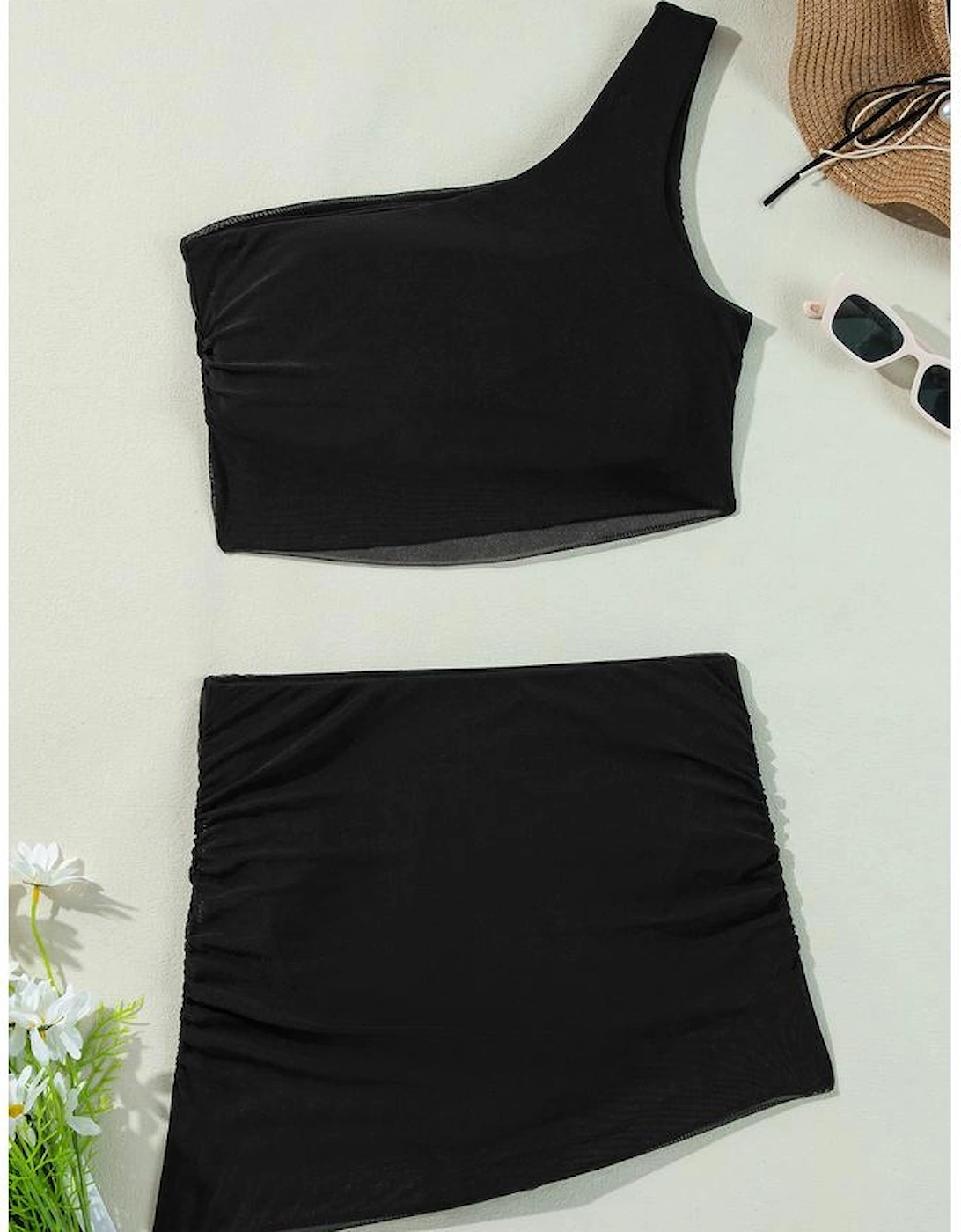 Black Pleated Mesh One Shoulder Bikini Top and Skirts Set