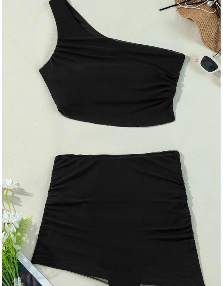 Black Pleated Mesh One Shoulder Bikini Top and Skirts Set
