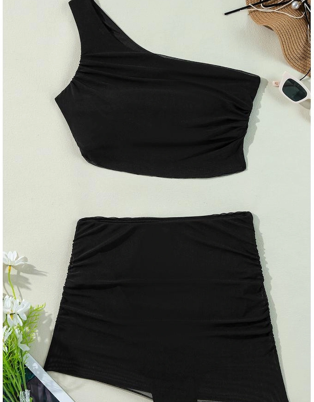 Black Pleated Mesh One Shoulder Bikini Top and Skirts Set
