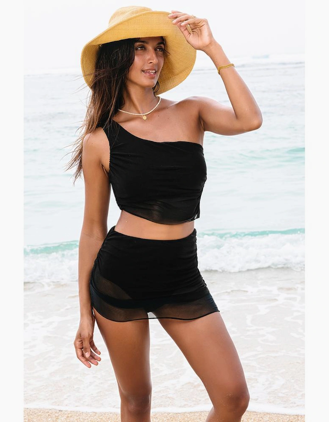 Black Pleated Mesh One Shoulder Bikini Top and Skirts Set