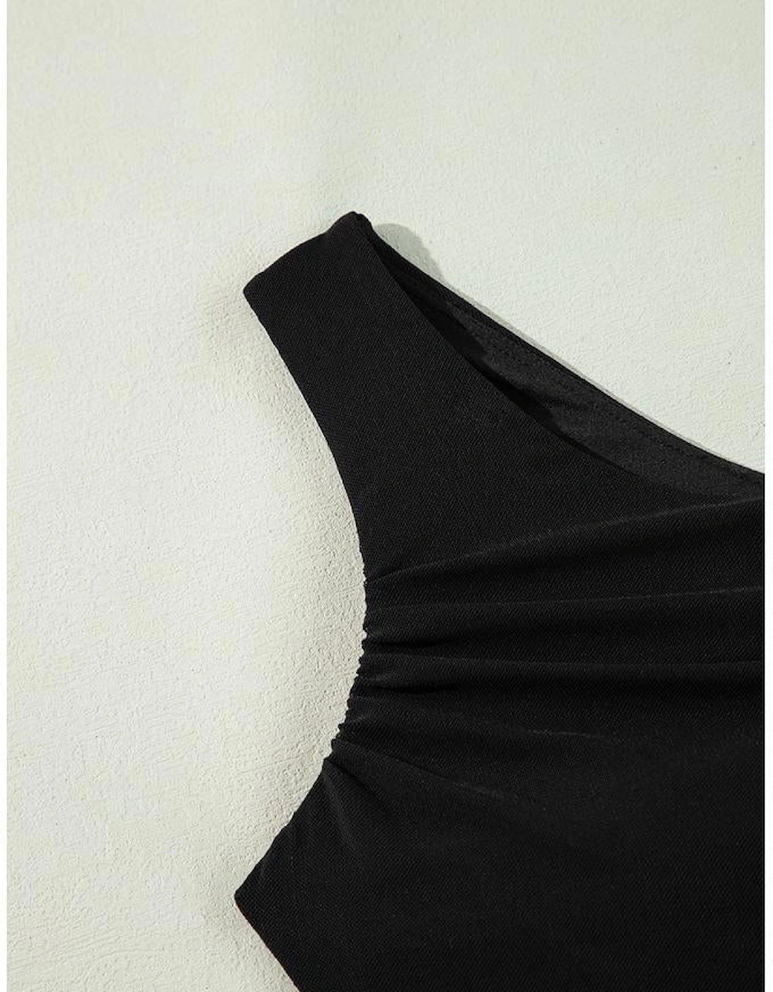 Black Pleated Mesh One Shoulder Bikini Top and Skirts Set