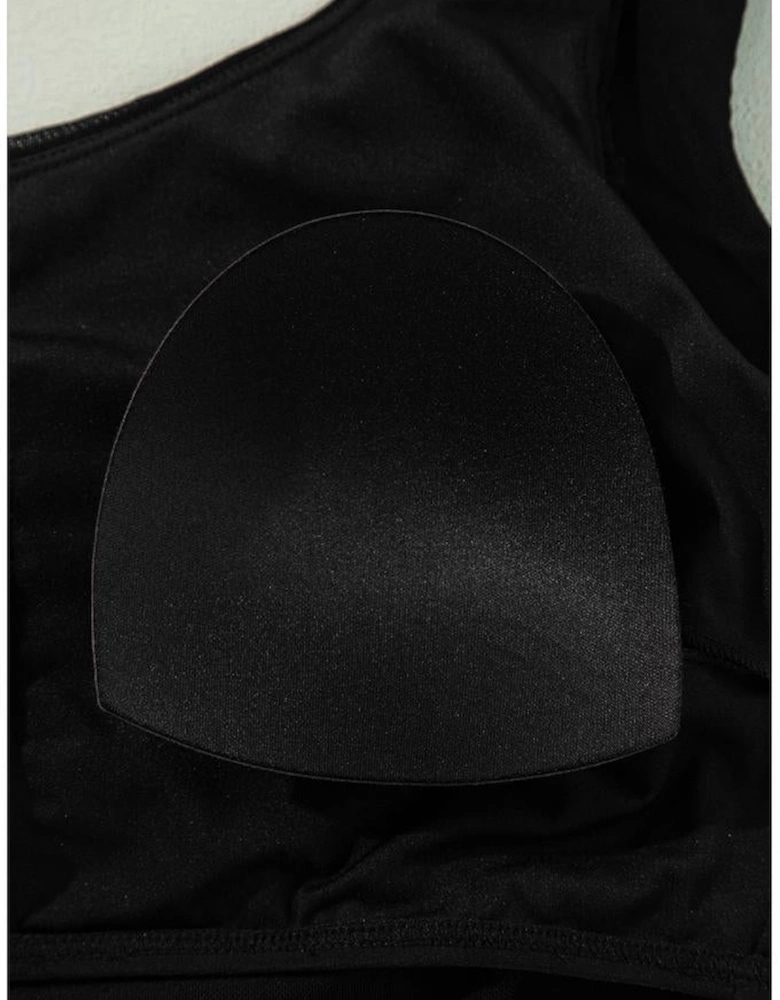 Black Pleated Mesh One Shoulder Bikini Top and Skirts Set