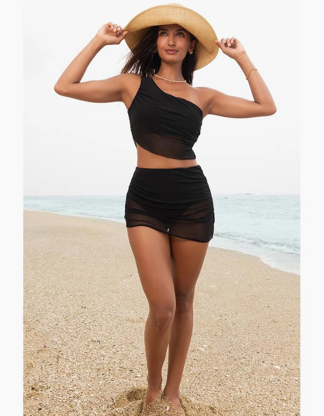 Black Pleated Mesh One Shoulder Bikini Top and Skirts Set