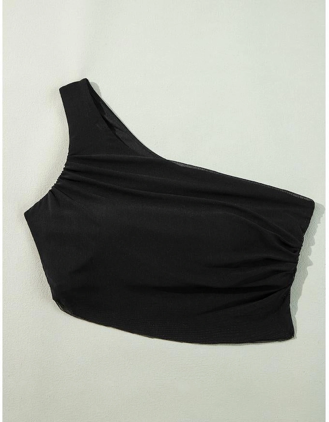 Black Pleated Mesh One Shoulder Bikini Top and Skirts Set