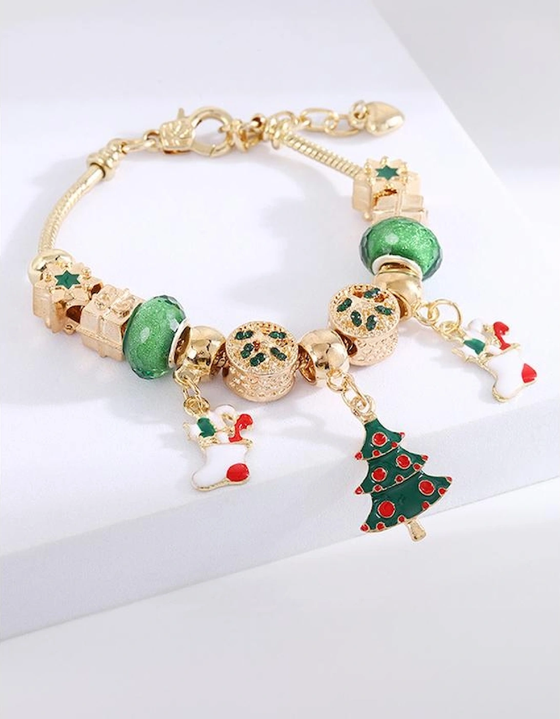 Green Christmas Pendant Adjustable Plated Beaded Bracelet