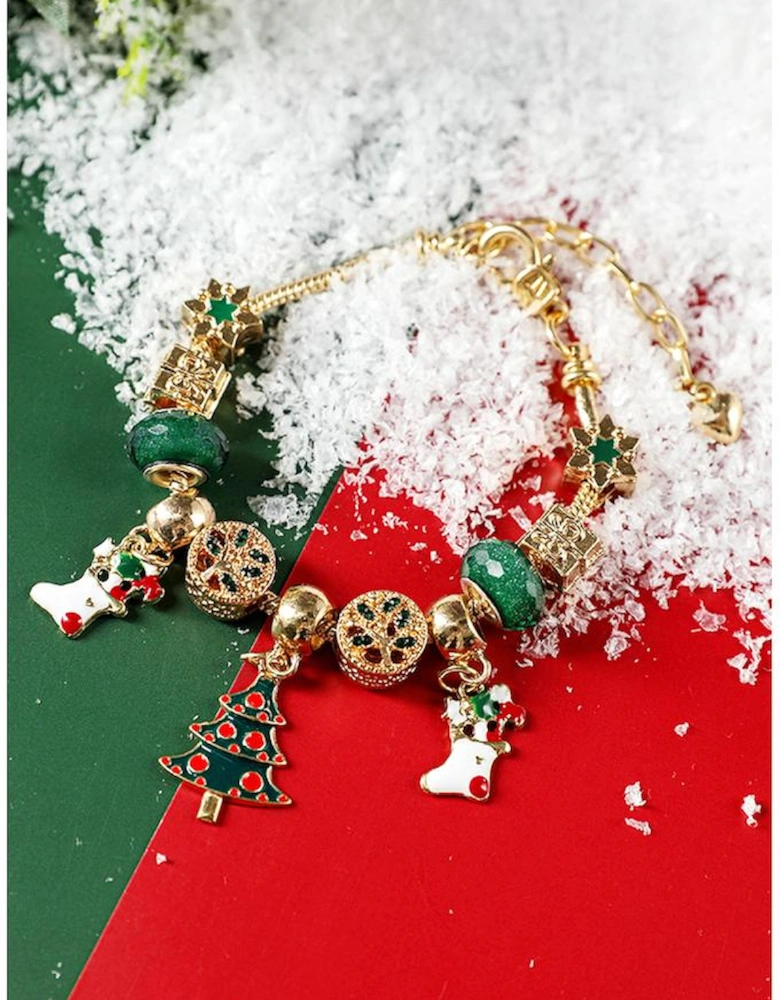 Green Christmas Pendant Adjustable Plated Beaded Bracelet