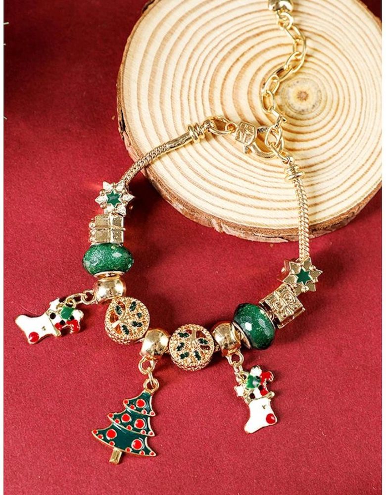 Green Christmas Pendant Adjustable Plated Beaded Bracelet