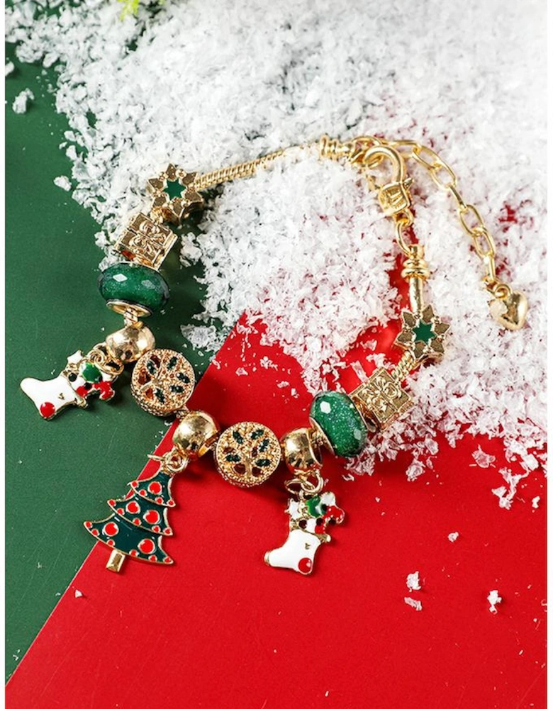 Green Christmas Pendant Adjustable Plated Beaded Bracelet