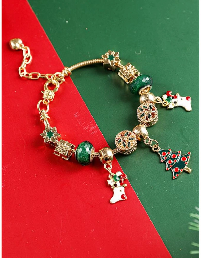 Green Christmas Pendant Adjustable Plated Beaded Bracelet