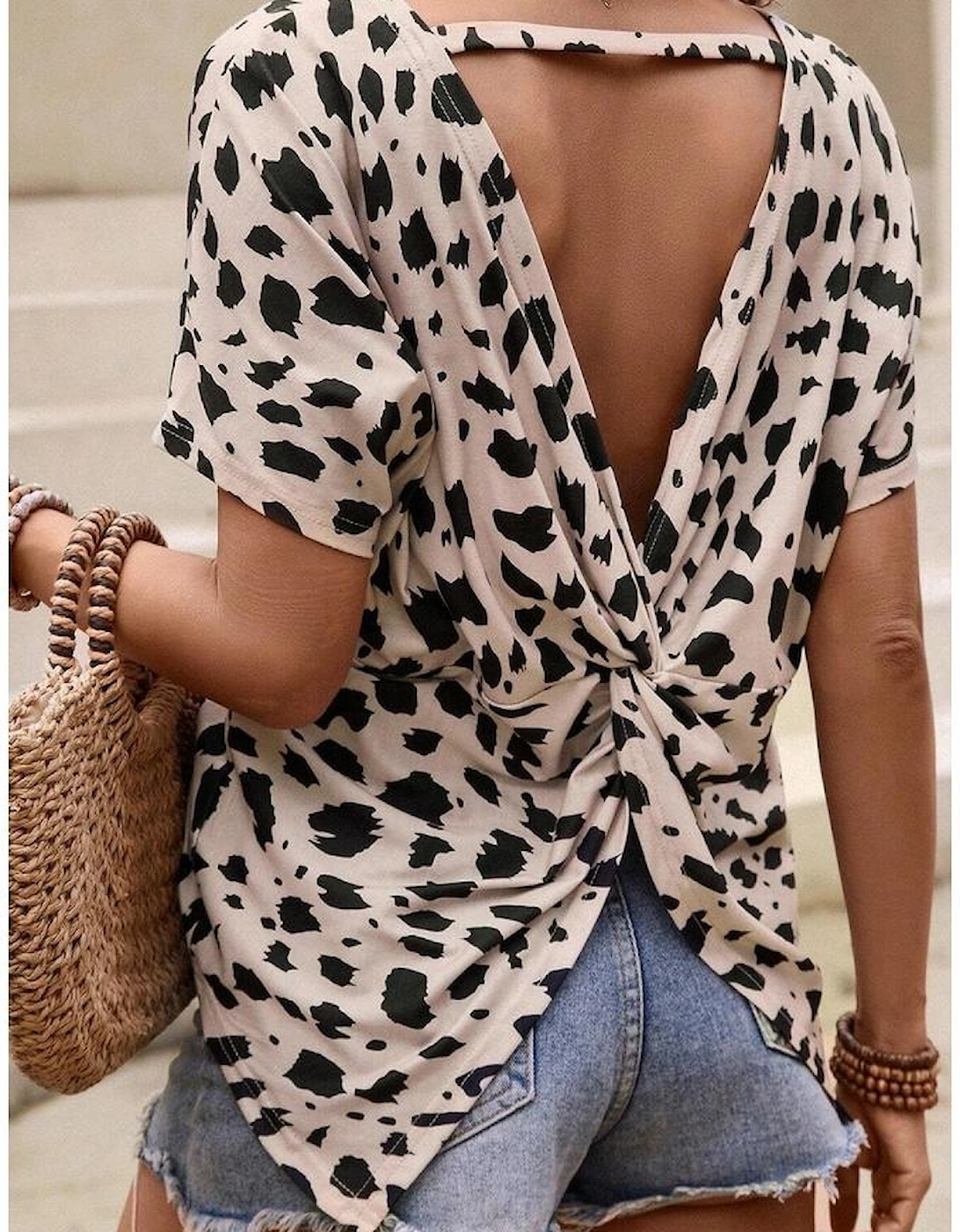 Khaki Leopard Batwing Sleeve Twist Cutout Back T-Shirt
