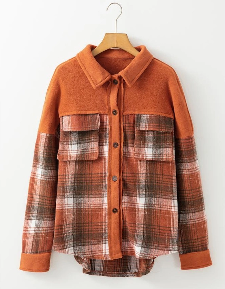 Khaki Colorblock Plaid Pattern Flap Pockets Buttoned Shacket