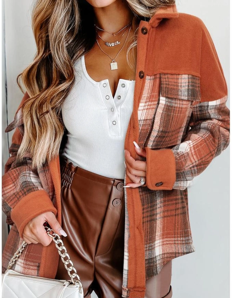 Khaki Colorblock Plaid Pattern Flap Pockets Buttoned Shacket