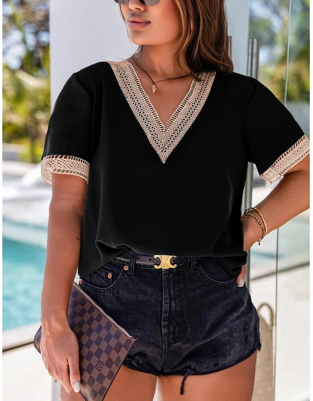 Black Lace Trim Short Sleeve V Neck Plus Size Top