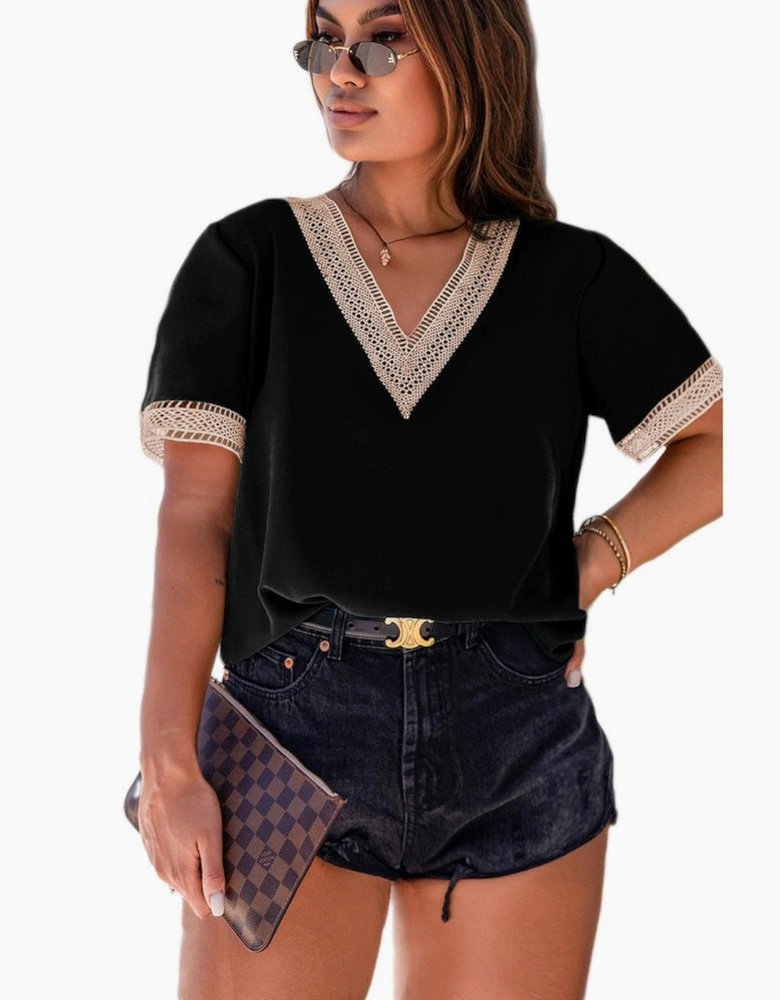 Black Lace Trim Short Sleeve V Neck Plus Size Top