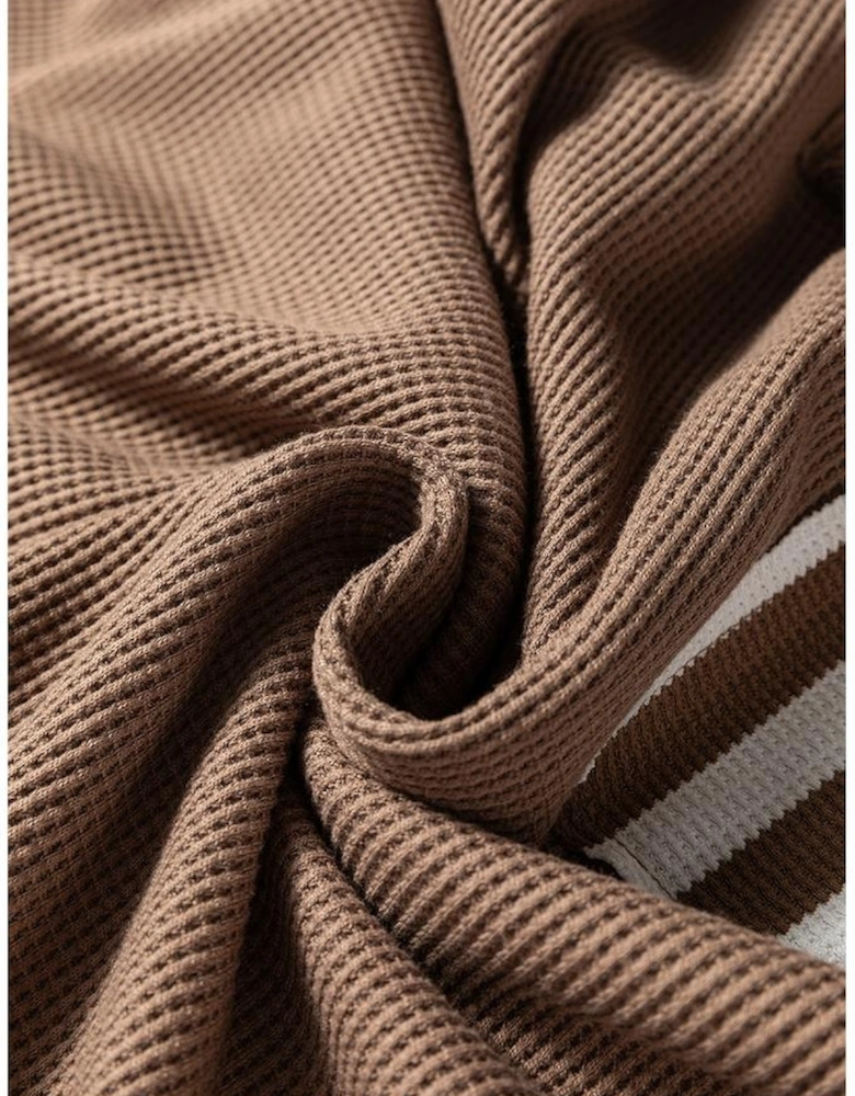 Straw Yellow Waffle Texture Striped Patchwork Button Neck Drawstring Hoodie