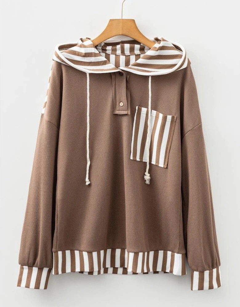 Straw Yellow Waffle Texture Striped Patchwork Button Neck Drawstring Hoodie
