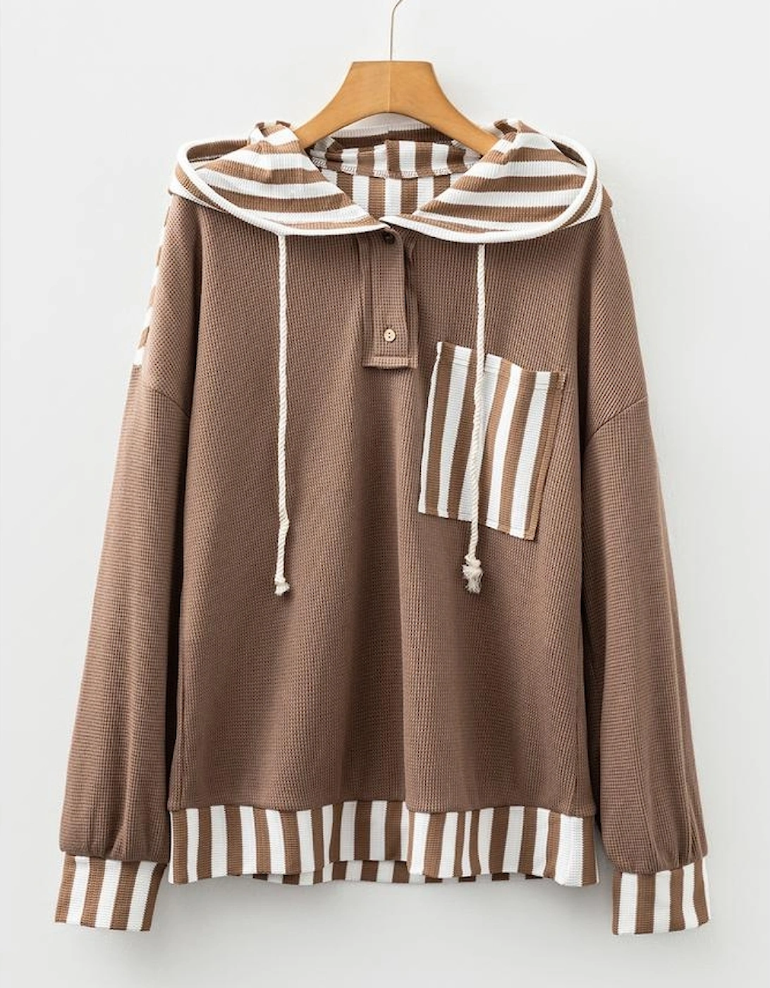 Straw Yellow Waffle Texture Striped Patchwork Button Neck Drawstring Hoodie