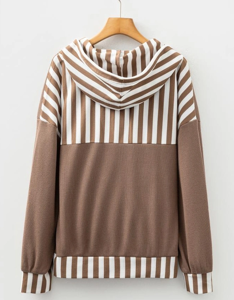 Straw Yellow Waffle Texture Striped Patchwork Button Neck Drawstring Hoodie